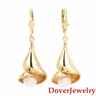 Estate Pearl 14k Yellow Gold Calla Lily Bell Flower Earrings 7.  5 Grams Nr