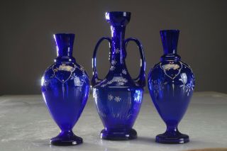 3 Antique Cobalt Blue Glass Vases With Hand - Painted Enamel Decoration Bohemian ?
