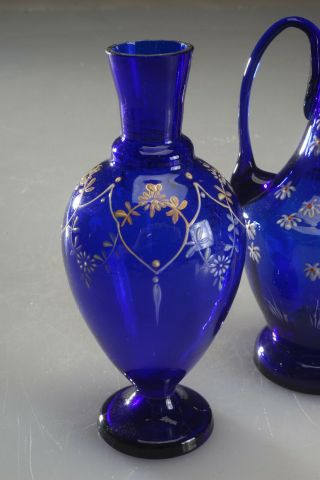 3 Antique Cobalt Blue Glass Vases with Hand - Painted Enamel Decoration Bohemian ? 2