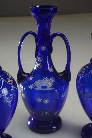 3 Antique Cobalt Blue Glass Vases with Hand - Painted Enamel Decoration Bohemian ? 3