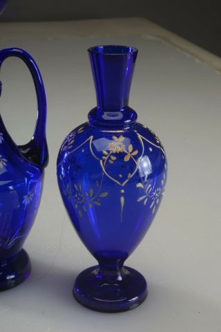 3 Antique Cobalt Blue Glass Vases with Hand - Painted Enamel Decoration Bohemian ? 4