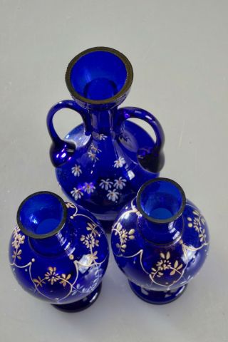 3 Antique Cobalt Blue Glass Vases with Hand - Painted Enamel Decoration Bohemian ? 5