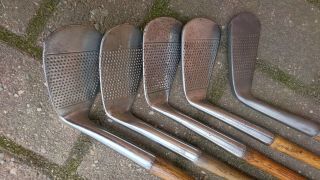 5x Nicoll Irons.  Playing set.  Vintage antique hickory golf clubs 10