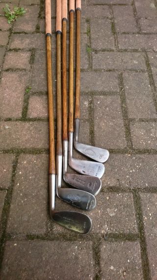 5x Nicoll Irons.  Playing Set.  Vintage Antique Hickory Golf Clubs