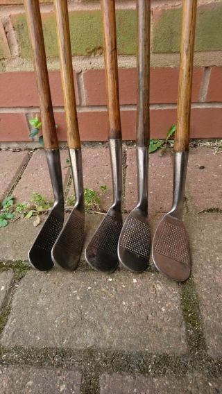 5x Nicoll Irons.  Playing set.  Vintage antique hickory golf clubs 2
