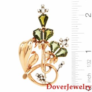 Vintage Diamond Green Tourmaline 18k Yellow Gold Floral Pin 11.  8 Grams Nr