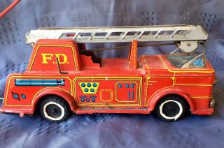 Vintage 60’s Battery Operated Tin Toy Fire Truck With Remote Control