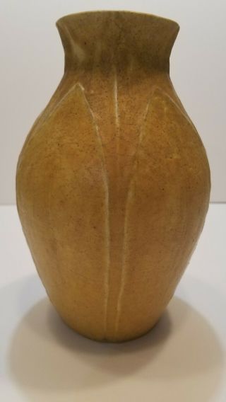RARE GRUEBY FAIENCE MATTE YELLOW VASE LEAVES & BUDS Signed by Lillian Newman 2