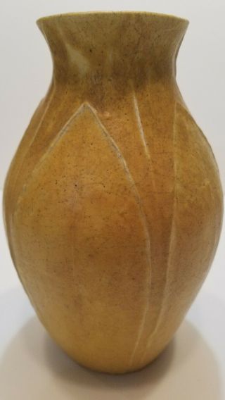 RARE GRUEBY FAIENCE MATTE YELLOW VASE LEAVES & BUDS Signed by Lillian Newman 5