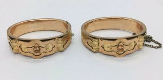 Antique Victorian Pair Yellow Gold Filled Etruscan Ornate Bangle Bracelets
