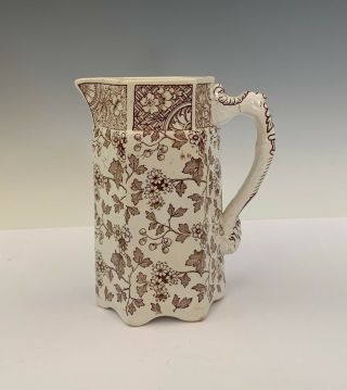 Antique Aesthetic Brown And White Floral Transferware Pitcher