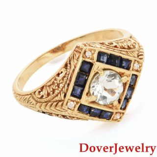Estate Diamond Sapphire Aquamarine 14k Yellow Gold Filigree Geometric Ring Nr