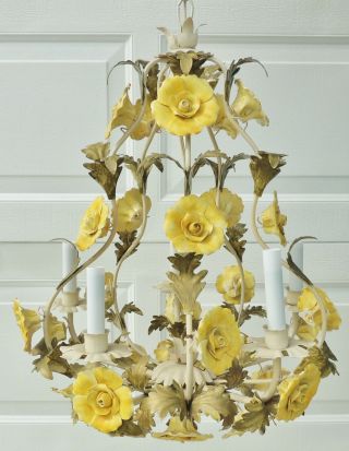 Antique/vtg Italian Tole Metal Yellow Porcelain Flowers Italy 5 Light Chandelier