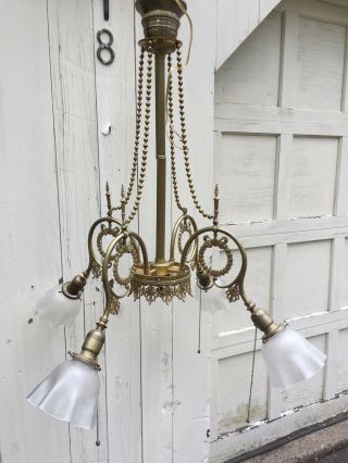 Ornate Vintage Brass Four Light Hanging Fixture Chandelier