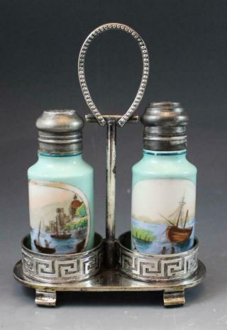 Antique French Porcelain Salt & Pepper Shaker Set & Silver Plate Stand Greek Key