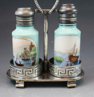 Antique French Porcelain Salt & Pepper Shaker Set & Silver Plate Stand Greek Key 2