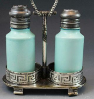 Antique French Porcelain Salt & Pepper Shaker Set & Silver Plate Stand Greek Key 4