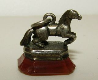 Charming,  Antique Georgian Sterling Silver Horse Watch Fob Pendant With Agate