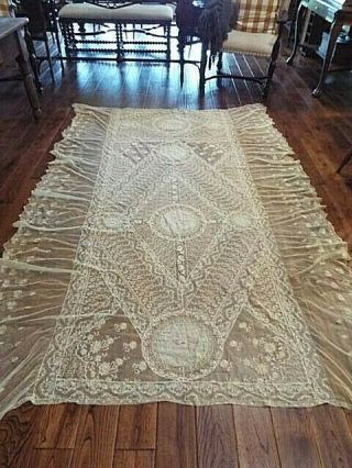(pair) Antique Matching French Normandy Lace Bed Coverlets - Ivory -