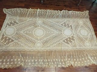 (PAIR) ANTIQUE MATCHING FRENCH NORMANDY LACE BED COVERLETS - IVORY - 4