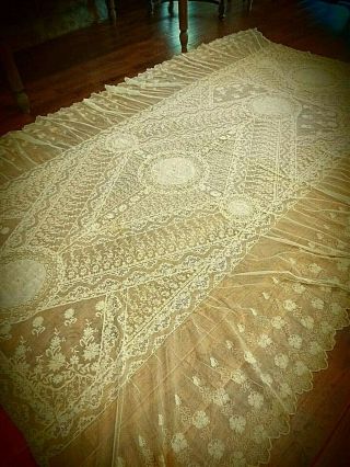 (PAIR) ANTIQUE MATCHING FRENCH NORMANDY LACE BED COVERLETS - IVORY - 6