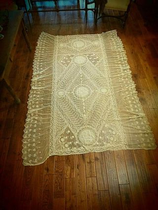 (PAIR) ANTIQUE MATCHING FRENCH NORMANDY LACE BED COVERLETS - IVORY - 7