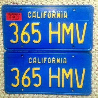 1973 Matched Pair Set Blue California Vintage License Plates Muscle Car 365 Hmv