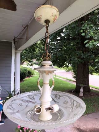 Vintage 40.  s Hanging Porcelain Ceiling Light Floral Decor Embossed Glass Shade 2