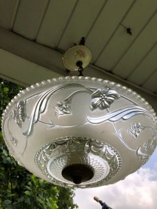 Vintage 40.  s Hanging Porcelain Ceiling Light Floral Decor Embossed Glass Shade 3