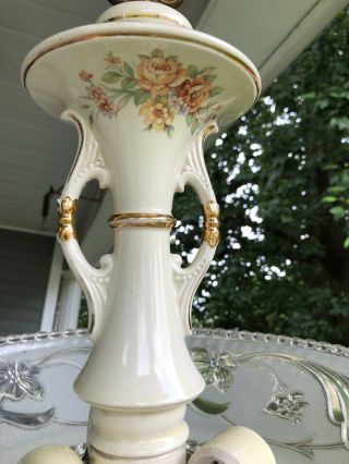 Vintage 40.  s Hanging Porcelain Ceiling Light Floral Decor Embossed Glass Shade 6