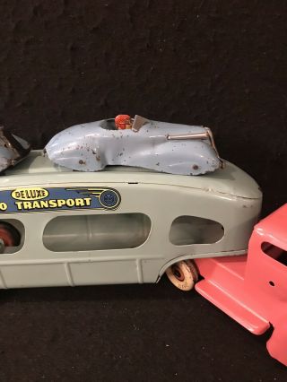 VINTAGE MARX PRESSED STEEL DELUXE AUTO TRANSPORT WITH TWO CARS HAVING DRIVERS 3