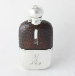 Antique Silver Plated Leather Spirit Hip Flask With Cup.  James Dixon.  Stag Head.