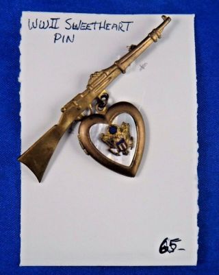 Vintage Wwii Ww2 Era Sweetheart Rifle Heart Locket Pin Pinback Button