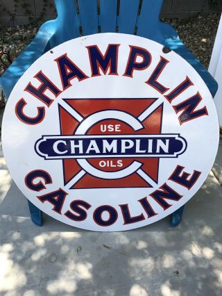 Vintage Porcelain Champlin Oil Gasoline Sign Gas 30 Inch Size