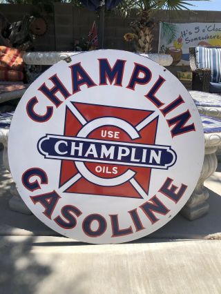 Vintage Porcelain Champlin Oil Gasoline Sign Gas 30 Inch Size 6