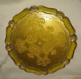 Vintage Florentine Wooden Tole Tray Italian Wood Florence Platter Circular 13 "