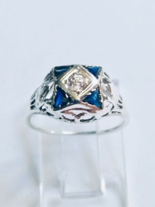 Antique Art Deco 14k White Gold 0.  08 Ct.  Tw Diamond Sapphire Filigree Ring S 5