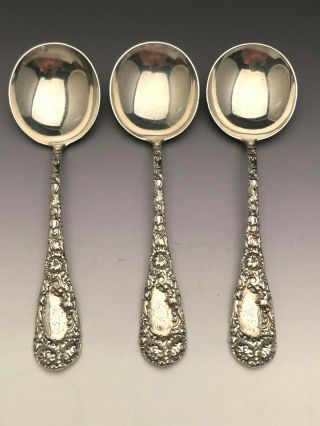 Chrysanthemum By Durgin Sterling Silver Group 3 Gumbo Soup Spoons 6 7/8 ",  Mono