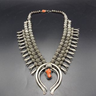Orville Tsinnie Vintage Navajo Sterling Silver & Coral Squash Blossom Necklace