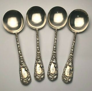 Chrysanthemum By Durgin Sterling Silver Set Of 4 Gumbo Soup Spoons 7 ",  Mono S