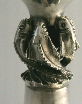 Large Silver Plate Arts & Crafts Chalice 1920 Fish Design Antique 7.  5inch