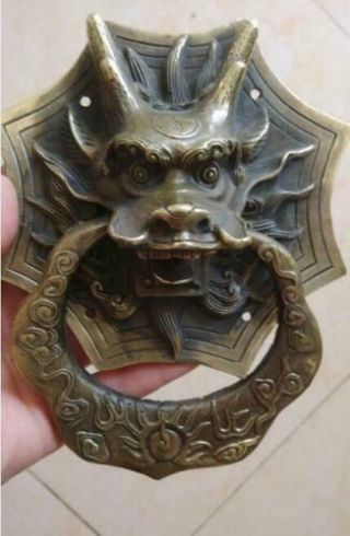 Folk Chinese Fengshui Bronze Copper Dragon Head Mask Statue Gate Door Knocker