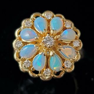 Estate Diamond Opal 14k Yellow Gold Ring Flower Floral Vintage Statement Gift