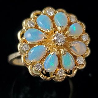 Estate Diamond Opal 14k Yellow Gold Ring Flower Floral Vintage Statement Gift 2