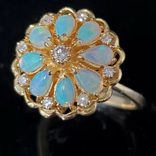 Estate Diamond Opal 14k Yellow Gold Ring Flower Floral Vintage Statement Gift 3