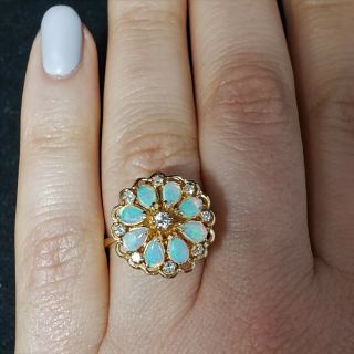 Estate Diamond Opal 14k Yellow Gold Ring Flower Floral Vintage Statement Gift 5