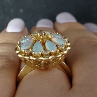 Estate Diamond Opal 14k Yellow Gold Ring Flower Floral Vintage Statement Gift 6