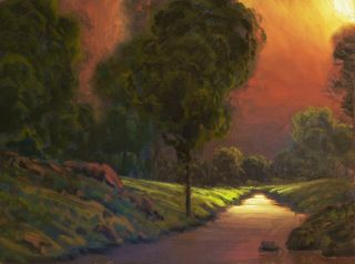Oil Painting Landscape Western Art Vintage Antique Storm Light Trees Max Cole