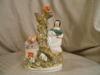 19thc Staffordshire Figurine Spill Vase W/girl,  Cat And Mice