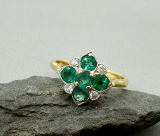 Vintage 18k 18ct Gold Emerald & Diamond Art Deco Style Ring Size O Us 7.  5 Gift